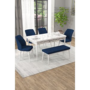 Arel Beyaz Mermer Desen 80x132 Mdf Açılabilir Mutfak Masası Takımı 4 Sandalye, 1 Bench