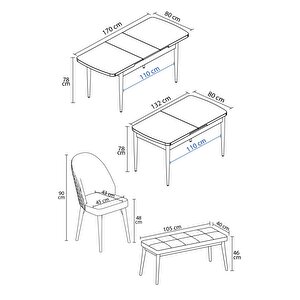 Arjeta Beyaz 80x132 Mdf Açılabilir Mutfak Masası Takımı 4 Sandalye, 1 Bench