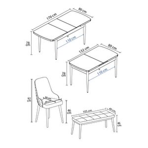 Eylül Barok Desen 80x132 Mdf Açılabilir Yemek Masası Takımı 4 Sandalye, 1 Bench