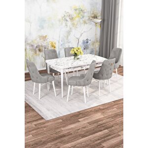 Mona Beyaz Mermer Desen 80x132 Açılabilir Mdf Mutfak Masası Takımı 6 Adet Sandalye