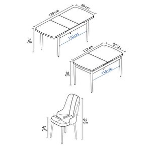 Mateo Meşe Desen 80x132 Açılabilir Mutfak Masası Takımı 6 Adet Sandalye