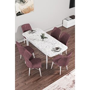 Arel Beyaz Mermer Desen 80x132 Mdf Açılabilir Mutfak Masası Takımı 6 Adet Sandalye