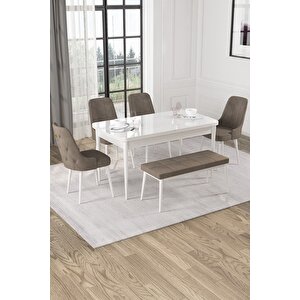 Alya Beyaz 80x132 Mdf Açılabilir Yemek Masası Takımı 4 Sandalye, 1 Bench