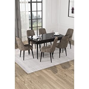 Alya Siyah Mermer Desen 80x132 Açılabilir Mdf Yemek Masası Takımı 6 Adet Sandalye