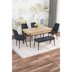 Mona Meşe Desen 80x132 Mdf Açılabilir Yemek Masası Takımı 4 Sandalye, 1 Bench