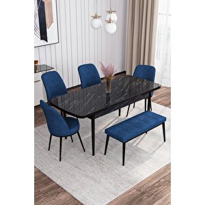 Leona Siyah Mermer Desen 80x132 Mdf Açılabilir Mutfak Masası Takımı 4 Sandalye, 1 Bench