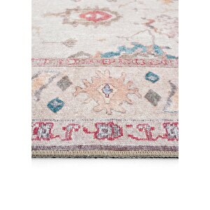 Cool Halı Private Krem Halı Etnik Desen Çiçekli Şönil Halı Yıkanabilir Eskitme Vintage Salon Halısı
