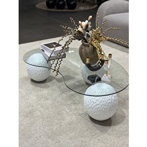 Doğal Desenli Modern Orta Sehpa & Küre Sehpa & Top Sehpa & Cam Sehpa Beyaz Açık Beyaz