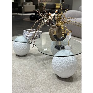 Doğal Desenli Modern Orta Sehpa & Küre Sehpa & Top Sehpa & Cam Sehpa Beyaz Açık Beyaz