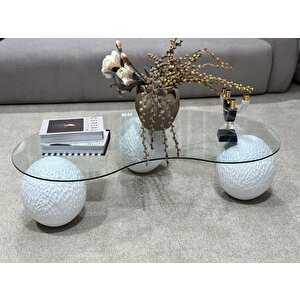 Doğal Desenli Modern Orta Sehpa & Küre Sehpa & Top Sehpa & Cam Sehpa Beyaz