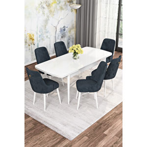 Mona Serisi, Beyaz 80x132 Açılabilir Mdf Yemek Masası Takımı 6 Adet Sandalye Antrasit