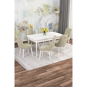 Mona Serisi, Beyaz 80x132 Açılabilir Mdf Yemek Masası Takımı 6 Adet Sandalye Krem