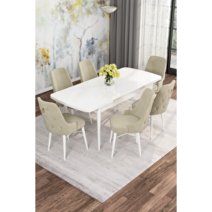 Mona Serisi, Beyaz 80x132 Açılabilir Mdf Yemek Masası Takımı 6 Adet Sandalye Krem