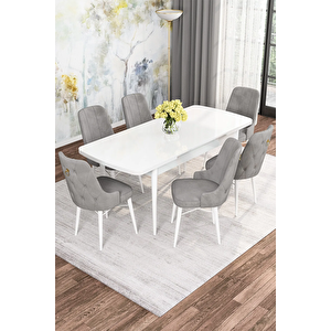 Mona Serisi, Beyaz 80x132 Açılabilir Mdf Yemek Masası Takımı 6 Adet Sandalye Gri