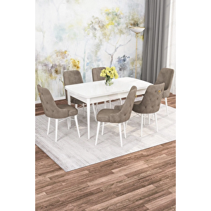 Mona Serisi, Beyaz 80x132 Açılabilir Mdf Yemek Masası Takımı 6 Adet Sandalye Cappucino