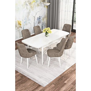 Mona Serisi, Beyaz 80x132 Açılabilir Mdf Yemek Masası Takımı 6 Adet Sandalye Cappucino