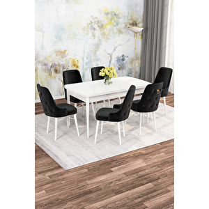 Mona Serisi, Beyaz 80x132 Açılabilir Mdf Yemek Masası Takımı 6 Adet Sandalye Siyah