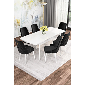 Mona Serisi, Beyaz 80x132 Açılabilir Mdf Yemek Masası Takımı 6 Adet Sandalye Siyah