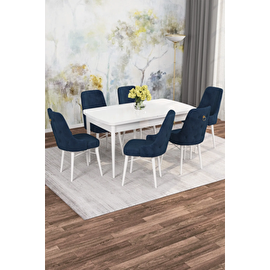 Mona Serisi, Beyaz 80x132 Açılabilir Mdf Yemek Masası Takımı 6 Adet Sandalye Lacivert