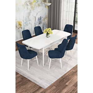 Mona Serisi, Beyaz 80x132 Açılabilir Mdf Yemek Masası Takımı 6 Adet Sandalye Lacivert