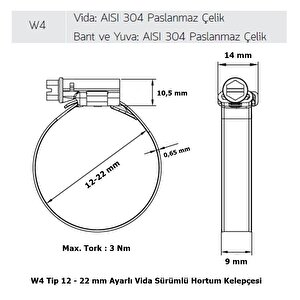 3 Adet W4 Hortum Kelepçesi 12-22 Mm 304 Klt. Paslanmaz