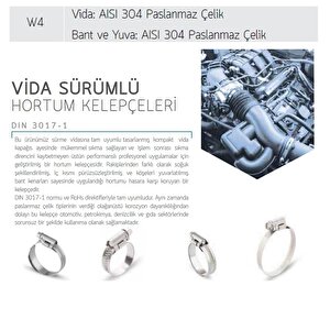 3 Adet W4 Hortum Kelepçesi 12-22 Mm 304 Klt. Paslanmaz