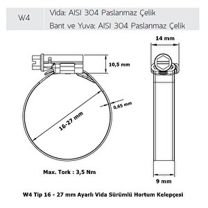 3 Adet W4 Hortum Kelepçesi 16-27 Mm 304 Klt.paslanmaz