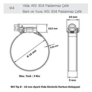 3 Adet W4 Hortum Kelepçesi 8-16 Mm 304 Klt. Paslanmaz