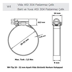 3 Adet W4 Hortum Kelepçesi 20-32 Mm 304 Klt. Paslanmaz