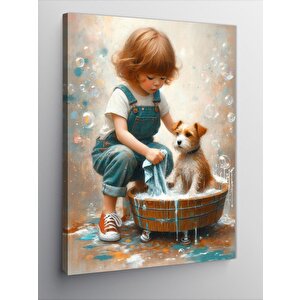 Kanvas Tablo Yavru Köpeği Yıkayan Çocuk 50x70 cm