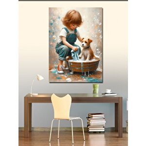 Kanvas Tablo Yavru Köpeği Yıkayan Çocuk 50x70 cm