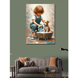 Kanvas Tablo Yavru Köpeği Yıkayan Çocuk 50x70 cm
