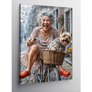 Kanvas Tablo Bisiklet Süren  Teyze Ve Köpeği 100x140 cm
