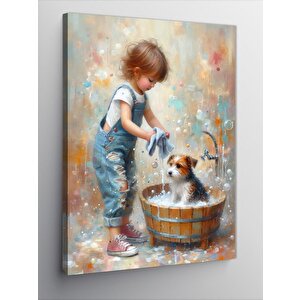 Kanvas Tablo Köpeğini Yıkayan Çocuk 50x70 cm