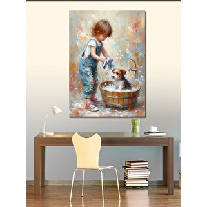 Kanvas Tablo Köpeğini Yıkayan Çocuk 50x70 cm