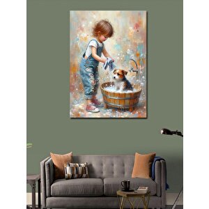 Kanvas Tablo Köpeğini Yıkayan Çocuk 50x70 cm