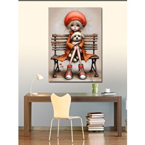 Kanvas Tablo Banktaki Kız Ve Köpeği 50x70 cm