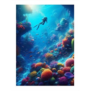 Dalış Yapan Dalgıç Art Mdf Poster 25cmx 35cm