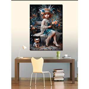 Kanvas Tablo Bankta Oturan Küçük Kız Ve Köpeği 70x100 cm