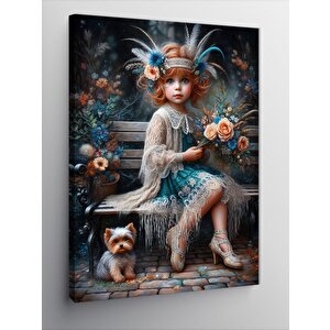 Kanvas Tablo Bankta Oturan Küçük Kız Ve Köpeği 50x70 cm