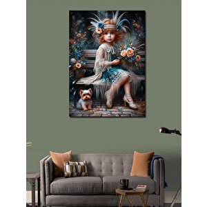 Kanvas Tablo Bankta Oturan Küçük Kız Ve Köpeği 50x70 cm