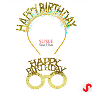 Happy Birthday Taç Ve Gözlük Seti - Altın