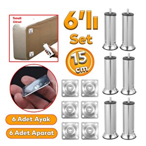 Mobilya Kanepe Baza Koltuk Çekyat 15 Cm Krom Metal Yükseltme Ayağı Ayakları M8 Aparatlı 6'lı Set