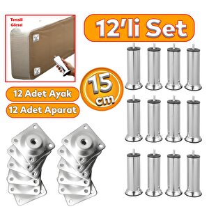 Mobilya Kanepe Baza Koltuk Çekyat 15 Cm Krom Metal Yükseltme Ayağı Ayakları M8 Aparatlı 12'li Set