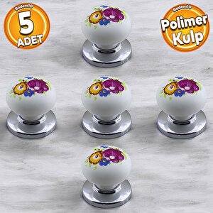 Polimer Kulp Düğme Çiçek Desenli Krom Tabla Mobilya Mutfak Dolabı Çekmece Dolap Kulpu Kulbu 5 Adet