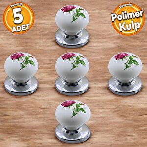 Polimer Düğme Kulp Gül Desenli Krom Tabla Mobilya Mutfak Dolabı Çekmece Dolap Kulpu Kulbu 5 Adet