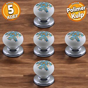 Polimer Kulp Düğme Mavi Çiçek Desenli Krom Tabla Mobilya Mutfak Dolabı Çekmece Kulpu Kulbu 5 Adet