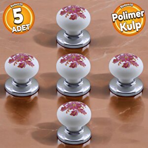 Polimer Kulp Düğme Pembe Çiçek Desenli Krom Tabla Mobilya Mutfak Dolabı Çekmece Kulpu Kulbu 5 Adet