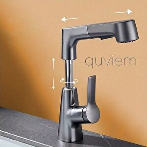 Quviem Gri Yükseltilebilir Çift Fonksiyonlu Mutfak Eviye Ve Lavabo Bataryası Qu-17592655252105