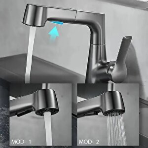 Quviem Gri Yükseltilebilir Çift Fonksiyonlu Mutfak Eviye Ve Lavabo Bataryası Qu-17592655252105